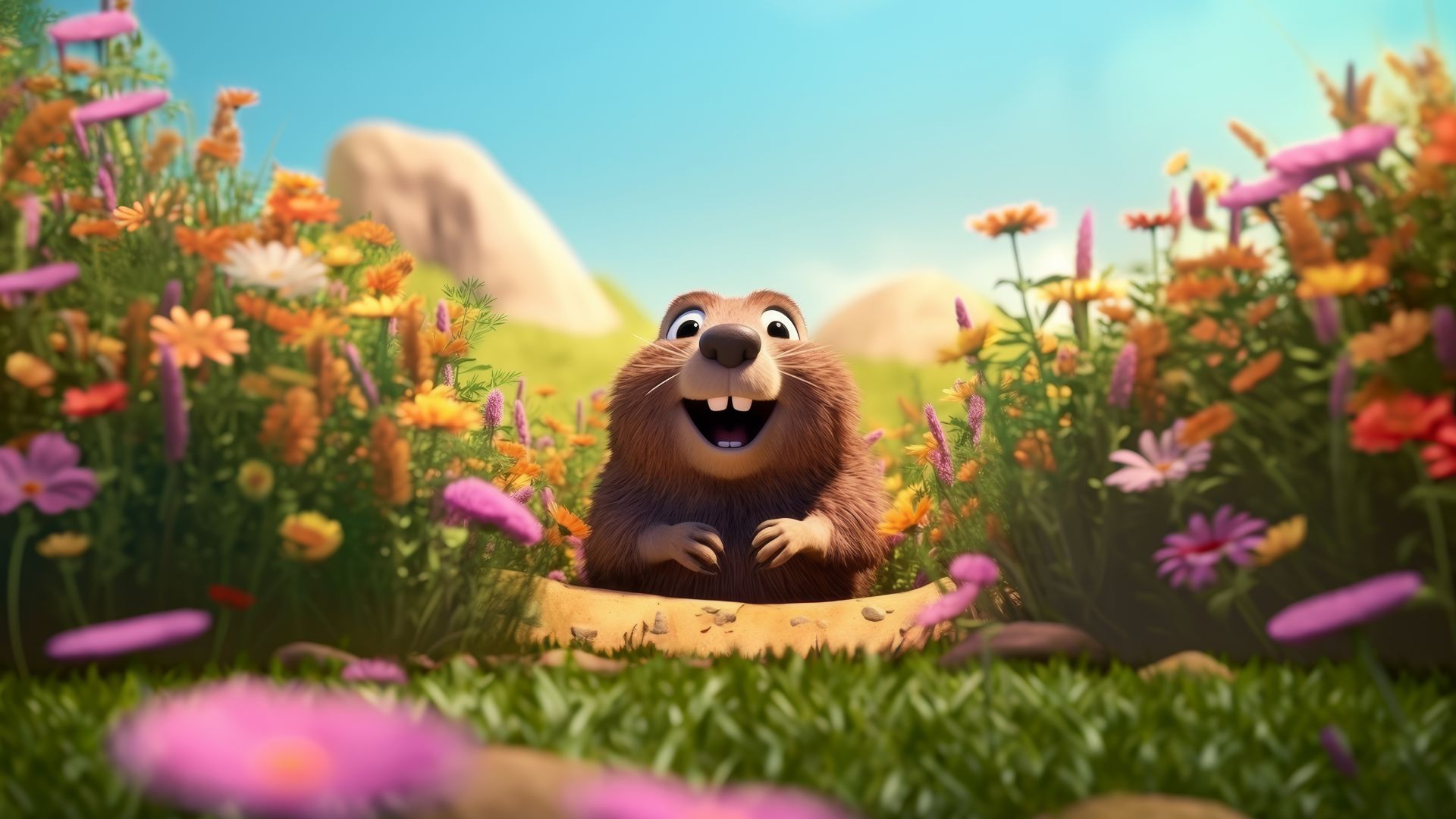 Capybara thân thiện ngắm nhìn khung cảnh lãng mạn đầy hoa cỏ