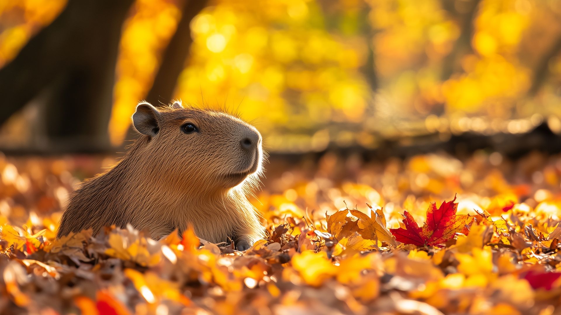 Chú chuột lang nước đùa giỡn vui vẻ giữa thảm lá vàng mùa thu