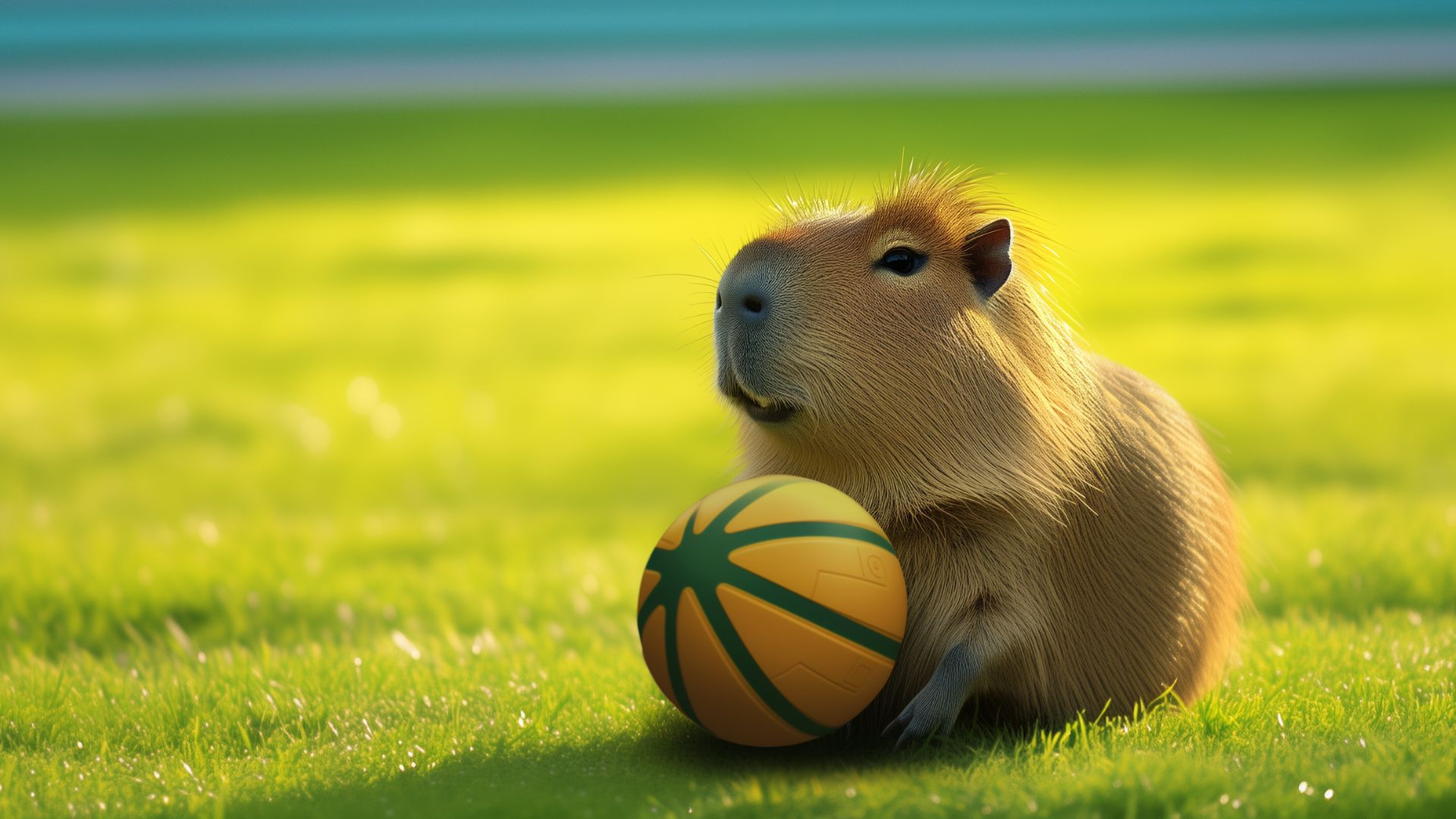 Chú capybara năng động đang ngồi trên bãi cỏ, bên cạnh quả bóng