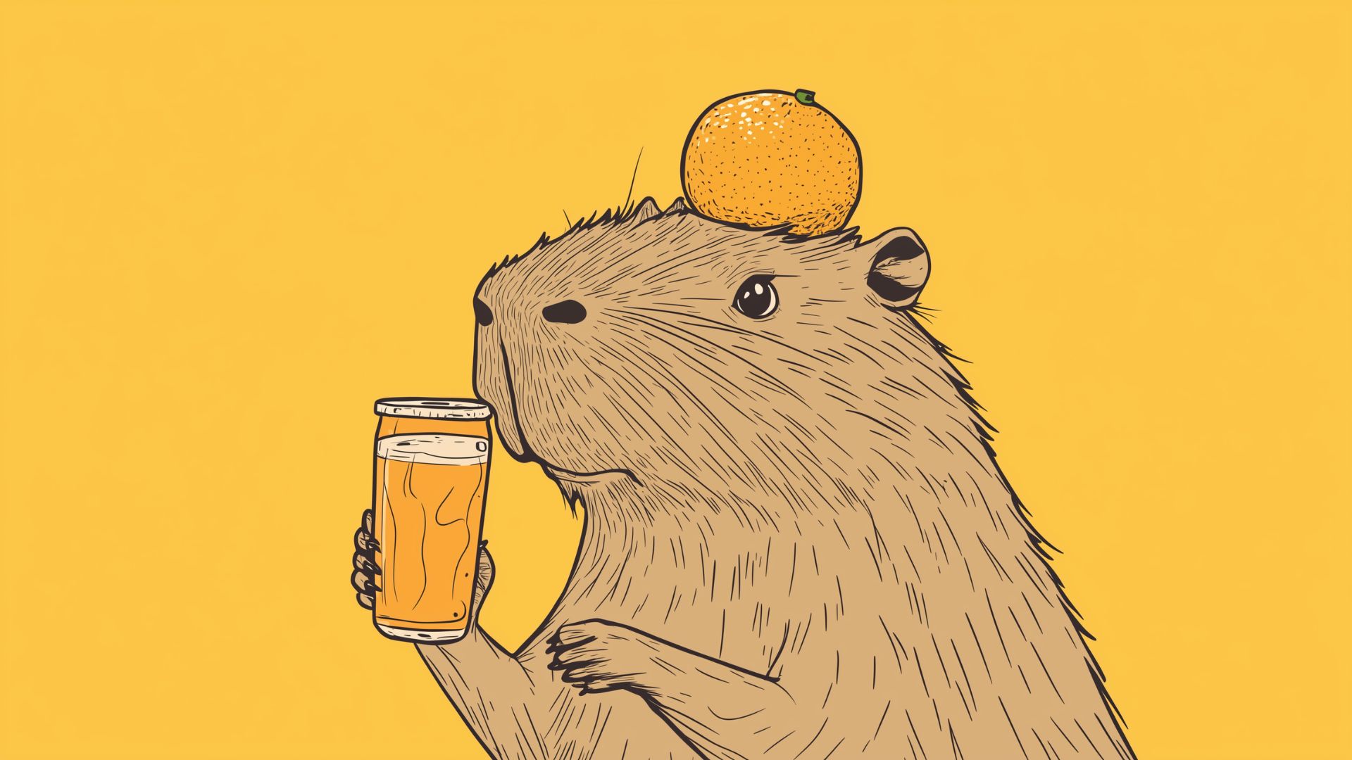 Một bức tranh hoạt hình dễ thương về chú chuột lang nước đang thưởng thức một ly nước cam