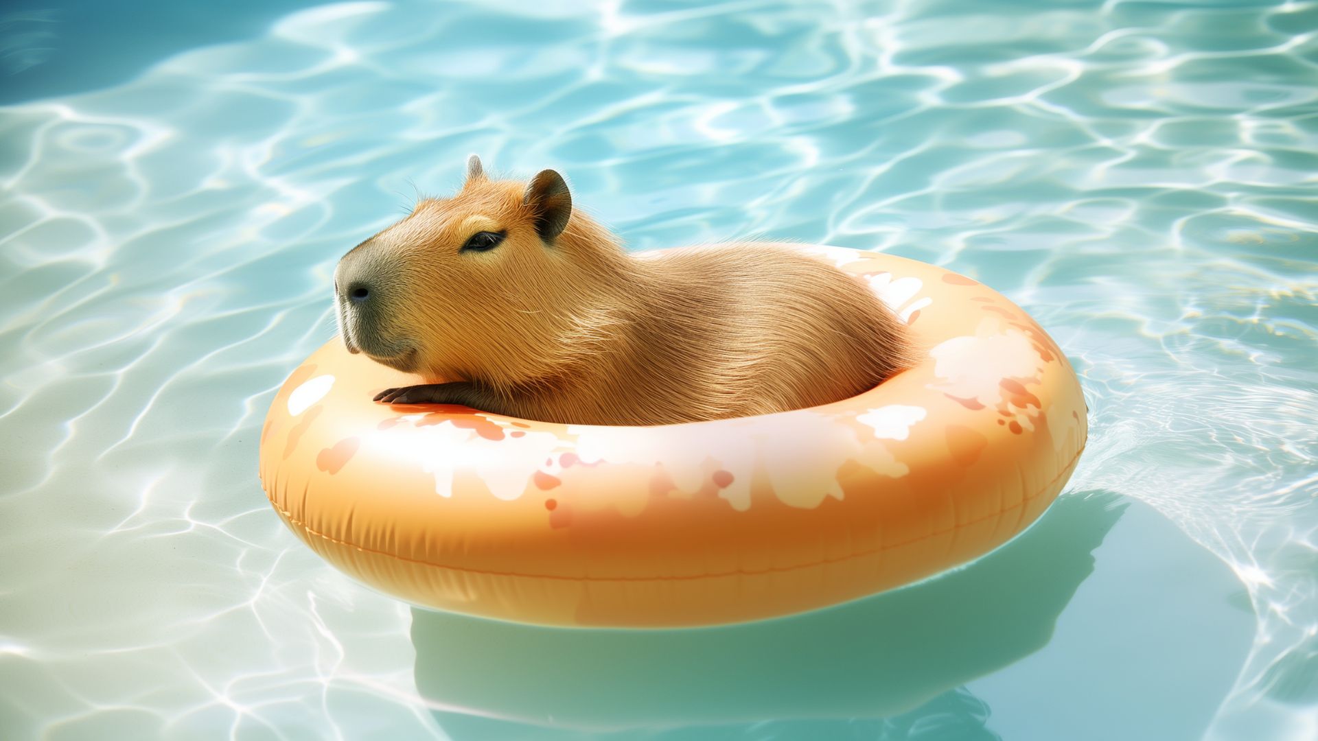 Chú capybara đáng yêu đang bơi trong hồ bơi