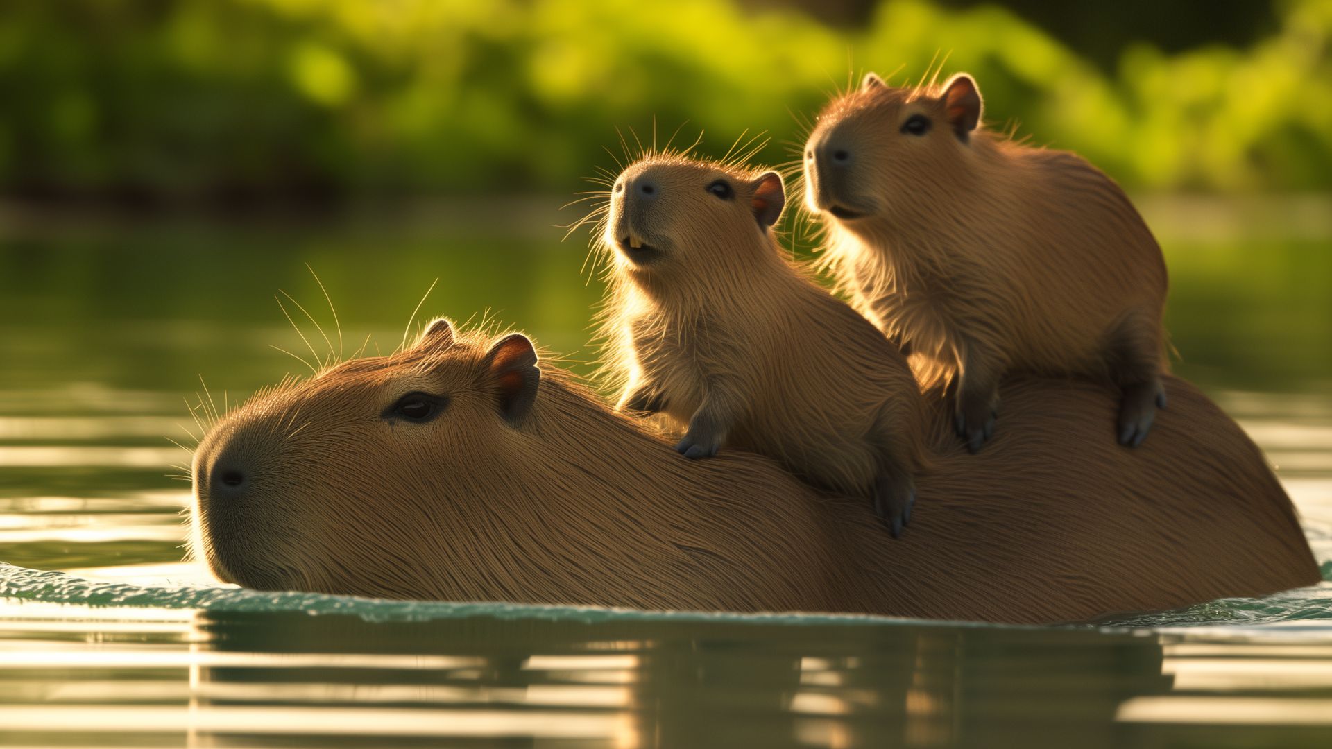 Cả nhà capybara xếp chồng lên nhau, tận hưởng sự mát mẻ của dòng sông