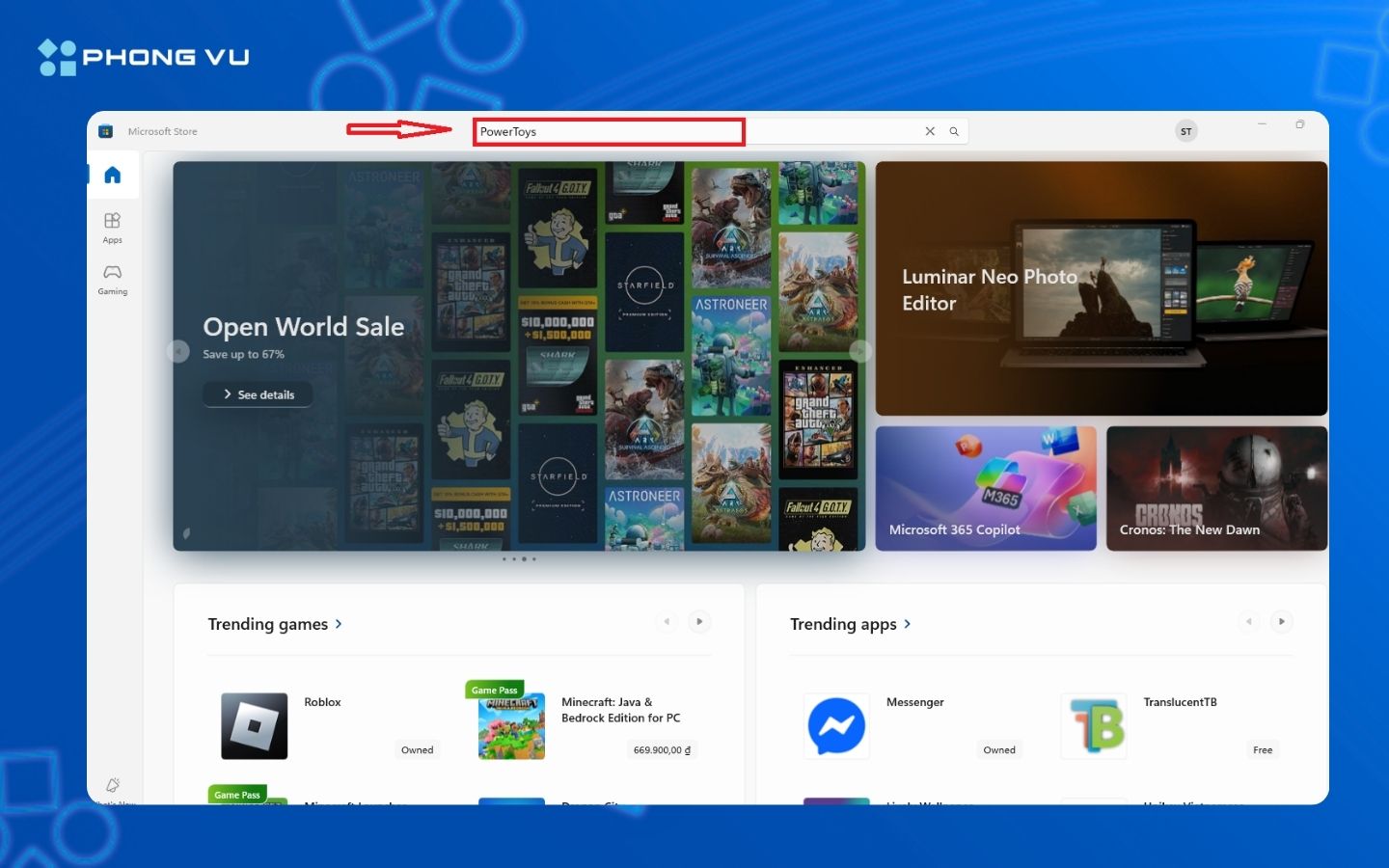 Gõ PowerToys để tìm kiếm ứng dụng