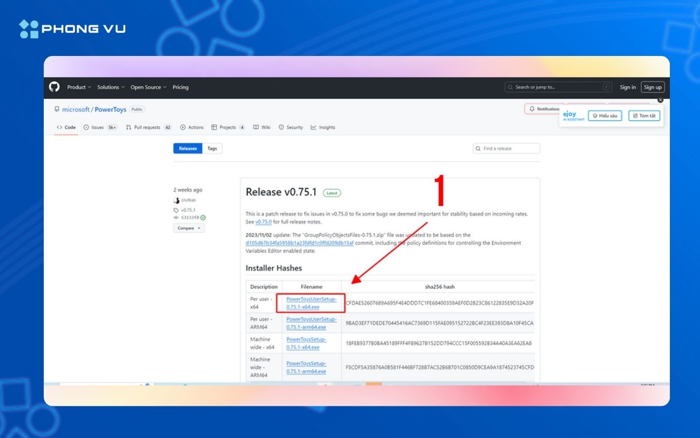 Nhấn chọn PowerToysUserSetup