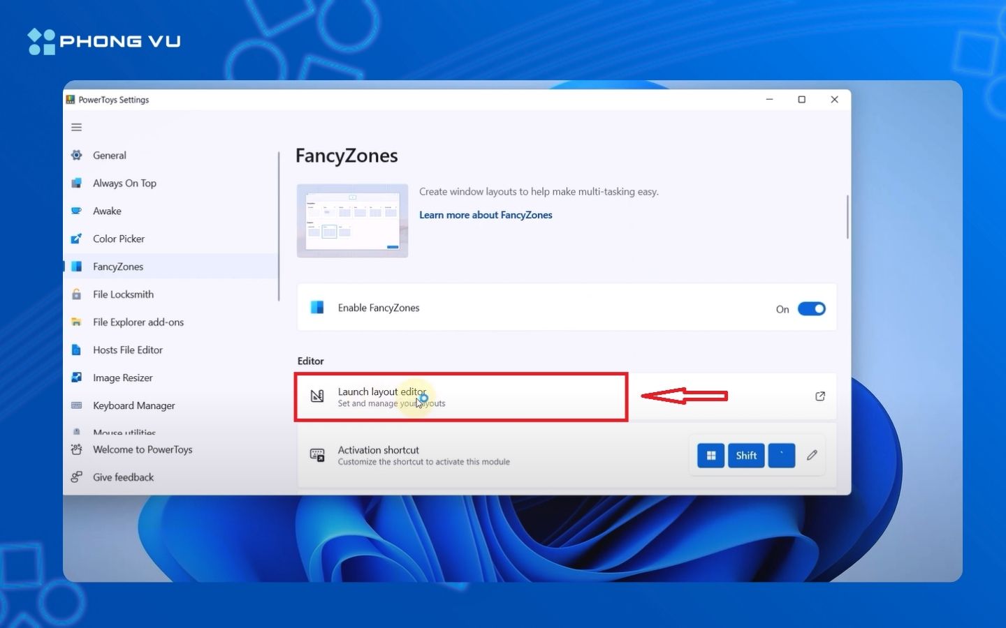 Nhấp chọn mục Launch layout editor