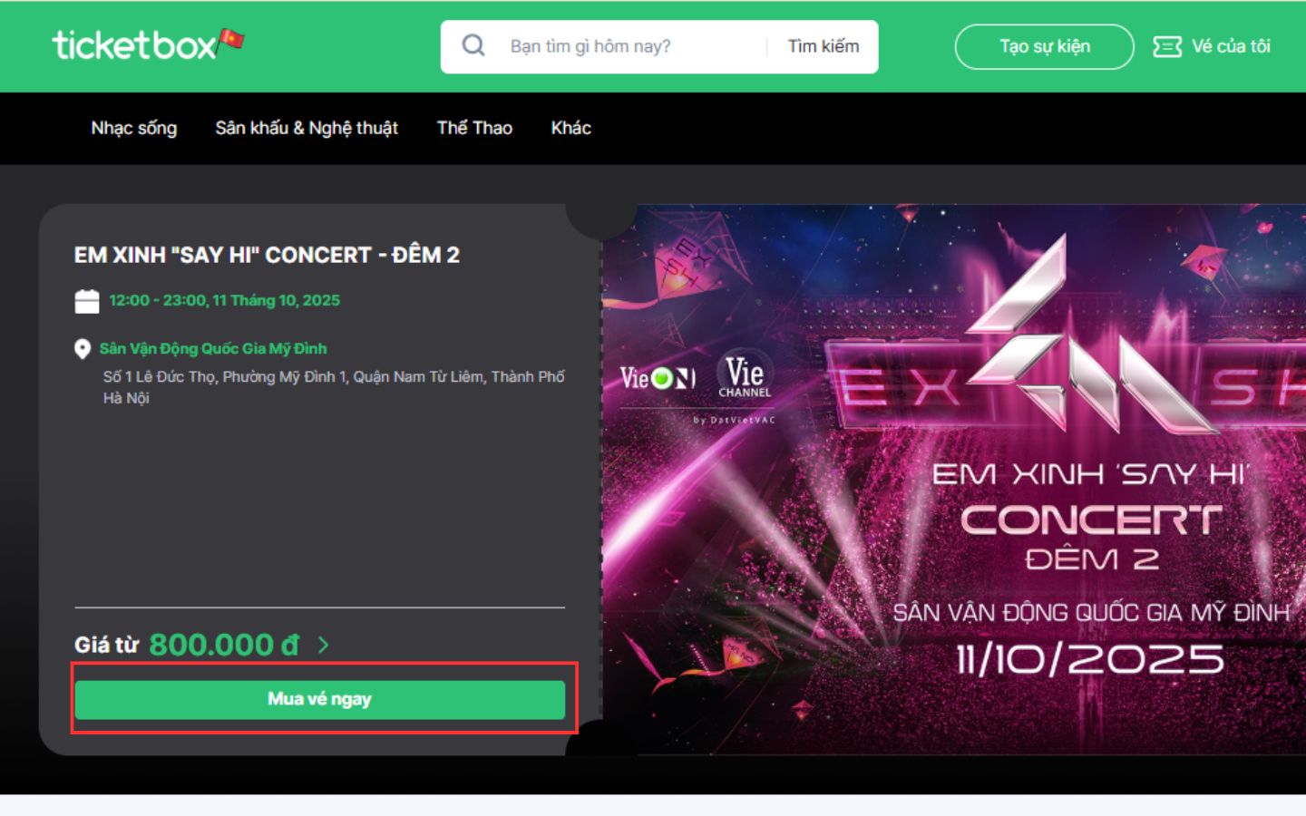 Nhấp chọn sự kiện "Concert Em Xinh Say Hi Đêm 2" và chọn "Xem chi tiết"