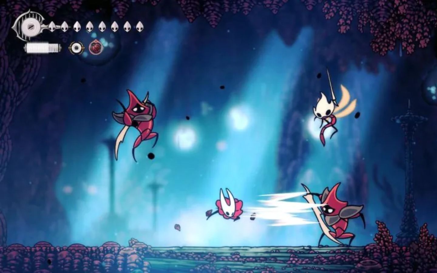 Hornet tung chiêu tốc độ cao đối đầu nhiều kẻ địch trong Hollow Knight: Silksong