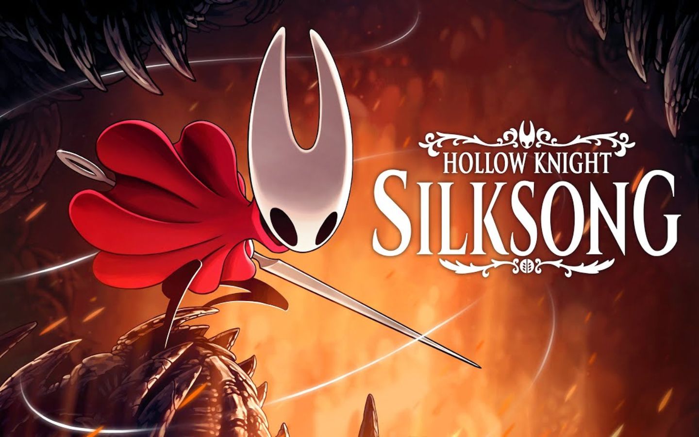 Hollow Knight Silksong với Hornet cầm kim-dây trên nền đỏ rực giữa cảnh u tối