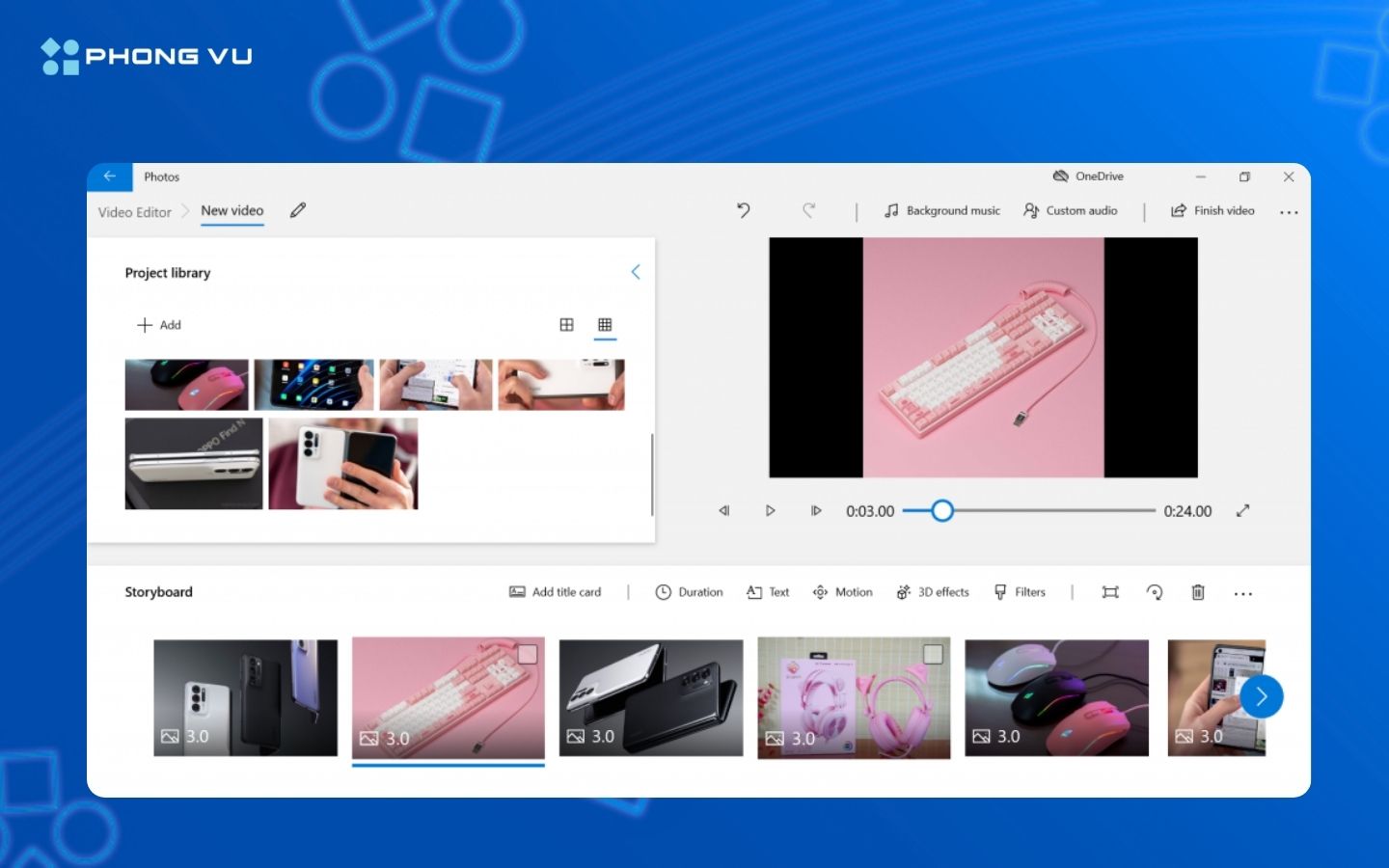 Nhấp chuột phải để chọn ảnh trong Project library hoặc kéo thả vào Storyboard
