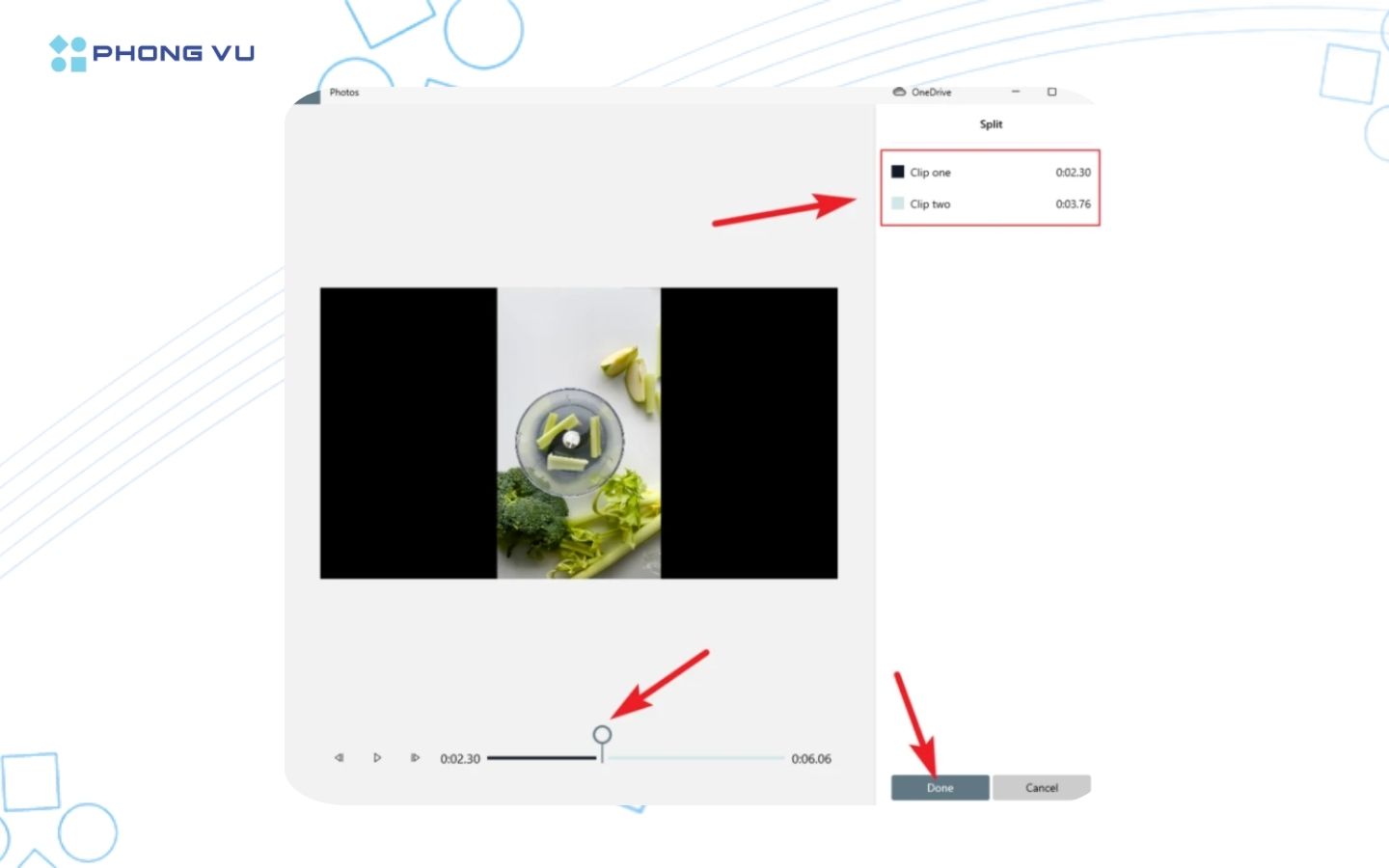 Kéo con trỏ đến vị trí cần phân tách video, thời lượng 2 video hiện bên phải màn hình