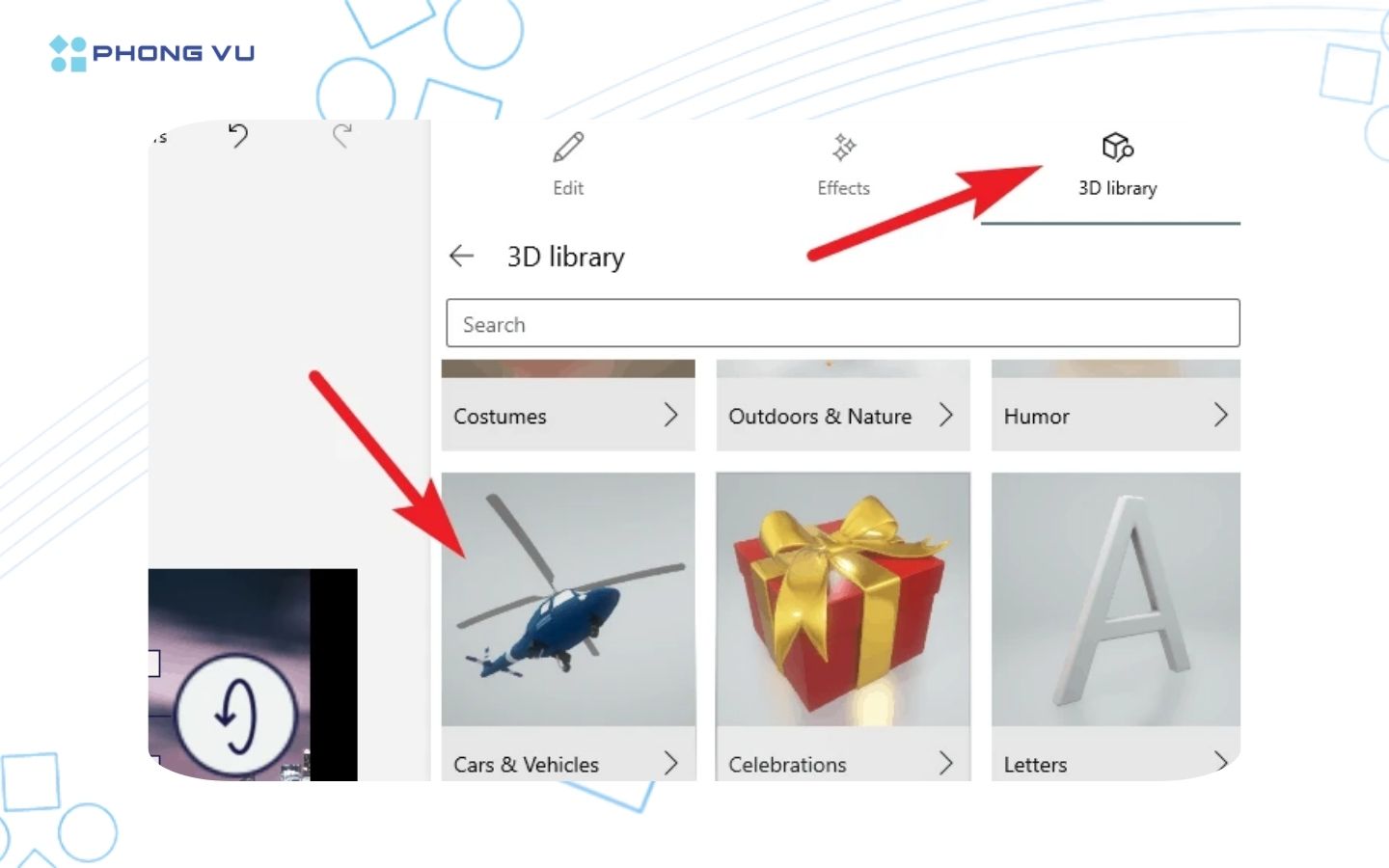 Tab 3D Library và các danh mục đối tượng 3D