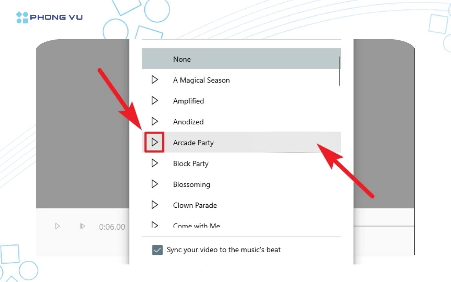 Chọn một bản nhạc từ danh sách và nghe trước bản nhạc bằng cách nhấp vào nút Phát trước mỗi tên bản nhạc.