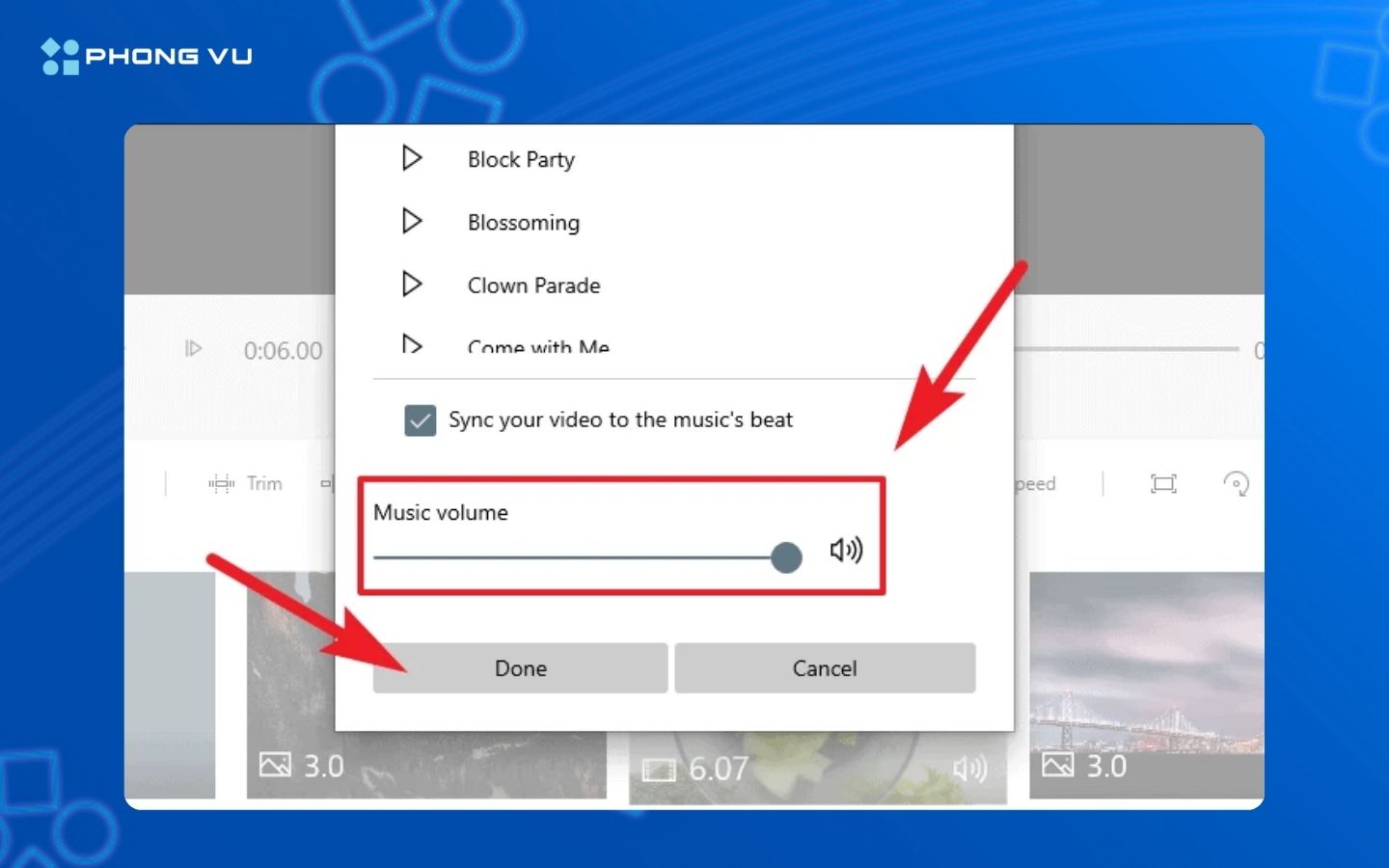 Kéo thanh Music Volume để điều chỉnh âm lượng