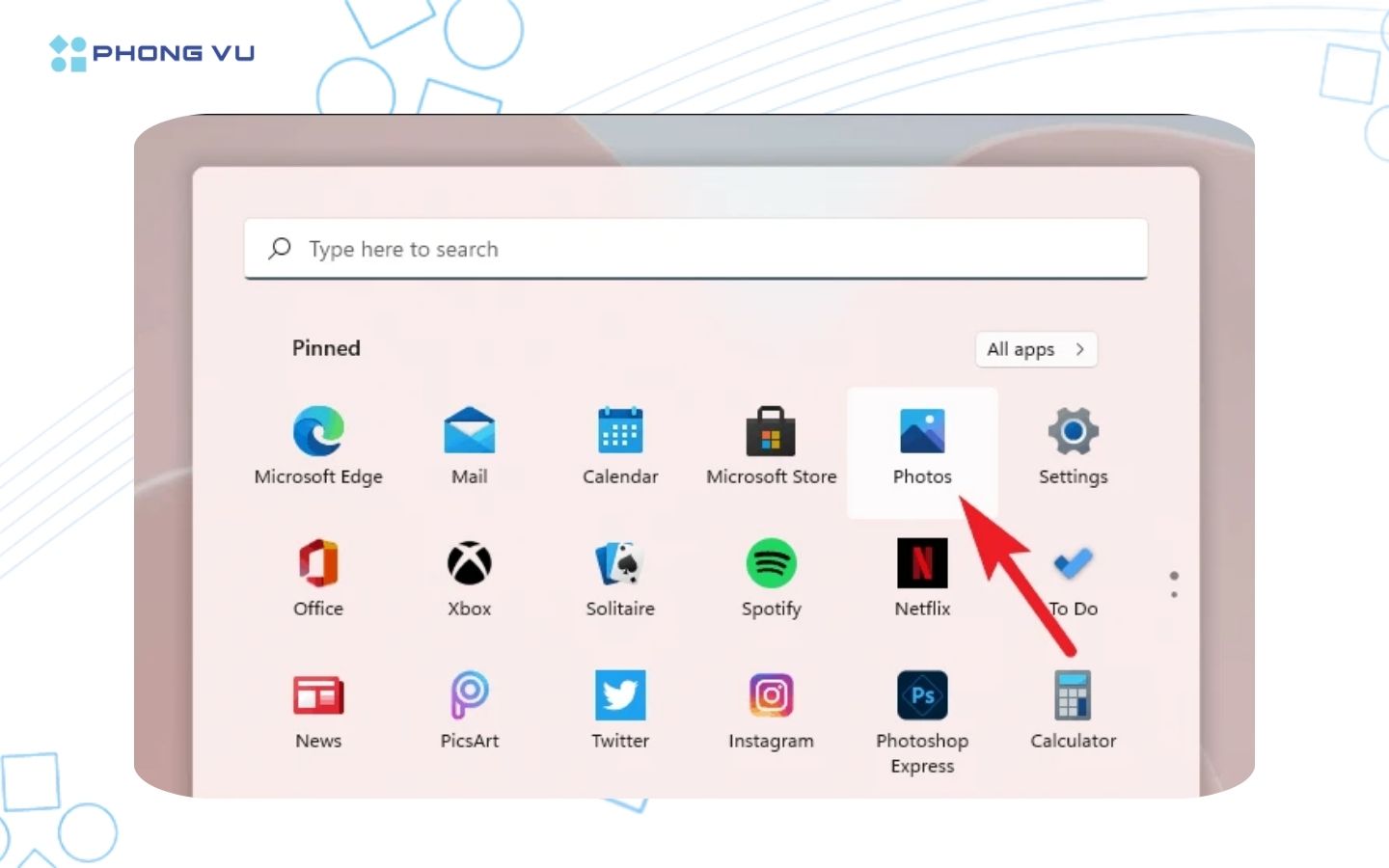Chạy ứng dụng Photos bằng Start Menu, thanh tác vụ hoặc tìm kiếm trong thư viện.