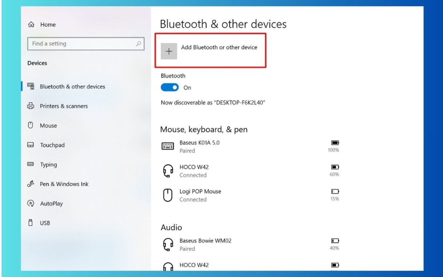 Mở cài đặt bluetooth trên laptop