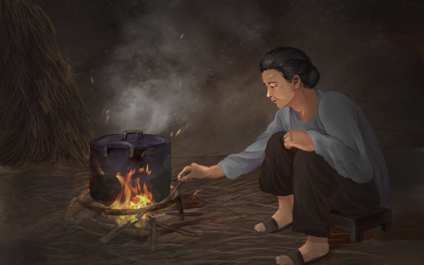 Hình ảnh người bà ngồi bên bếp lửa gợi cho nhiều người cảm xúc thương nhớ