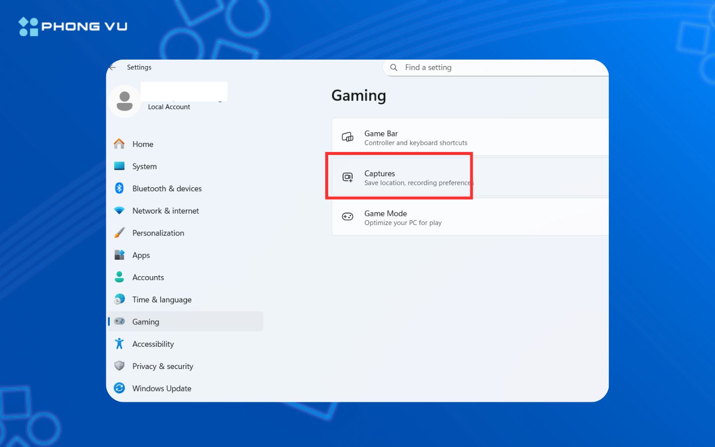 Chọn Settings > Gaming > Captures