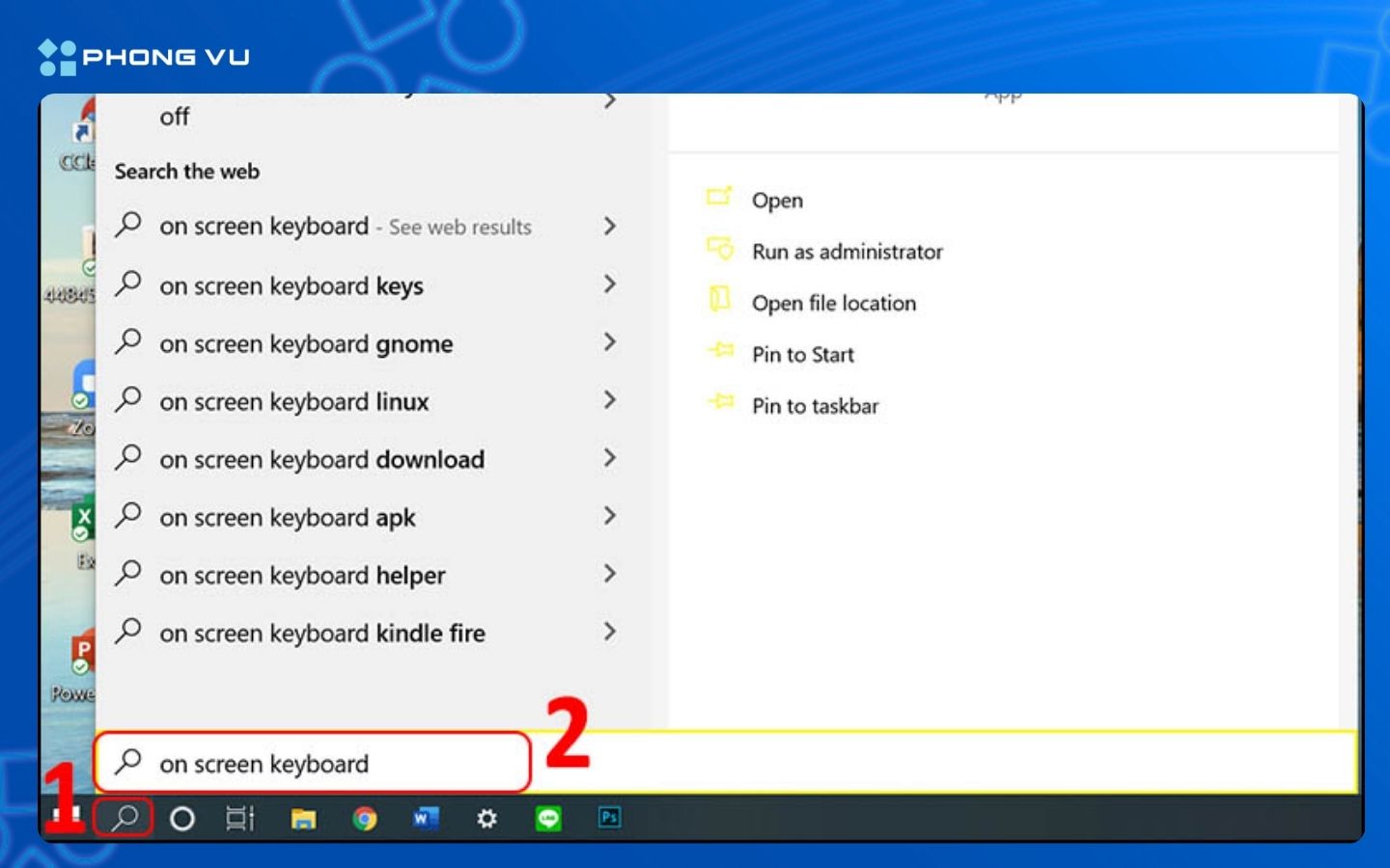 Mở bàn phím ảo trong thanh tìm kiếm Start Menu