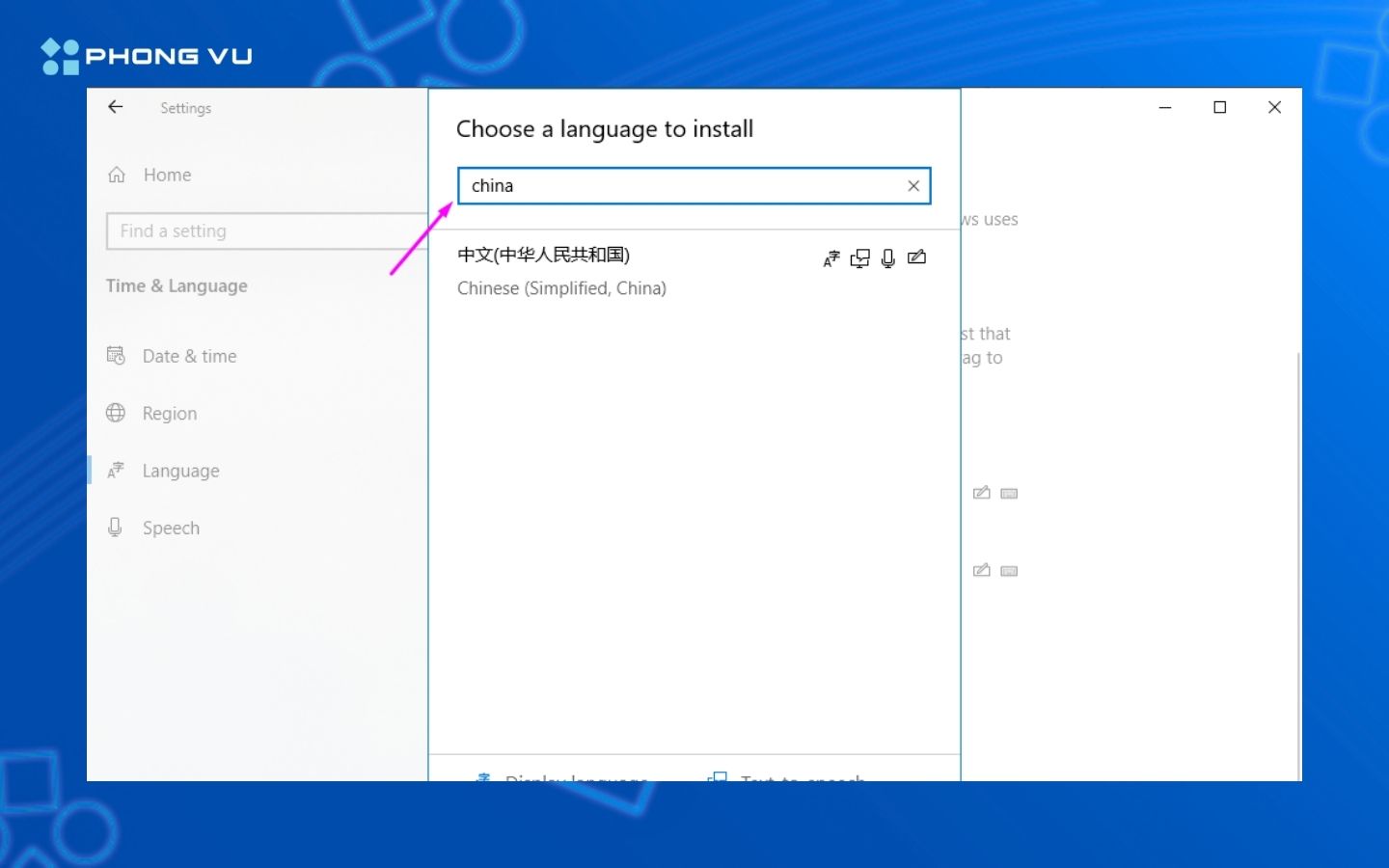 Ở cửa số tìm kiếm các bạn tìm và chọn ngôn ngữ China và nhấp next nhé