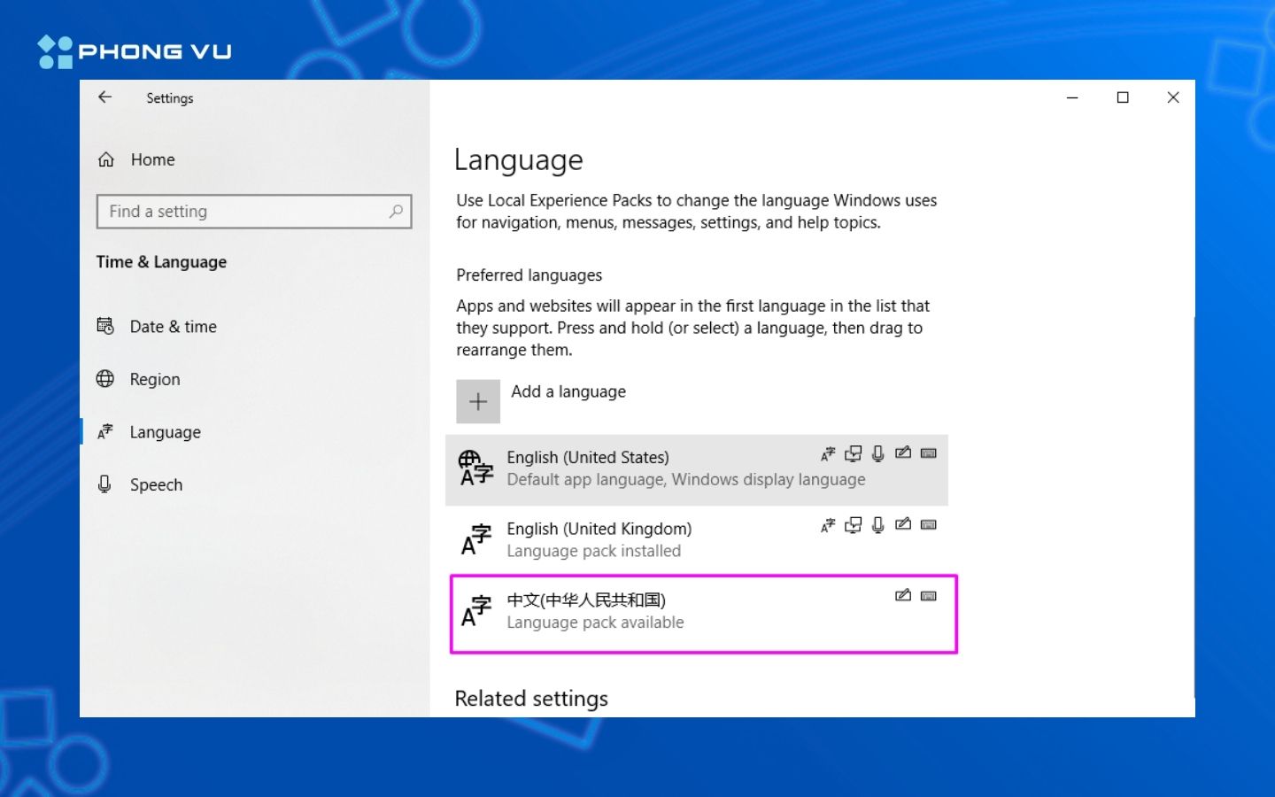 Sau khi cài xong thì bạn sẽ thấy gói ngôn ngữ mình hiện trong bảng dưới đây