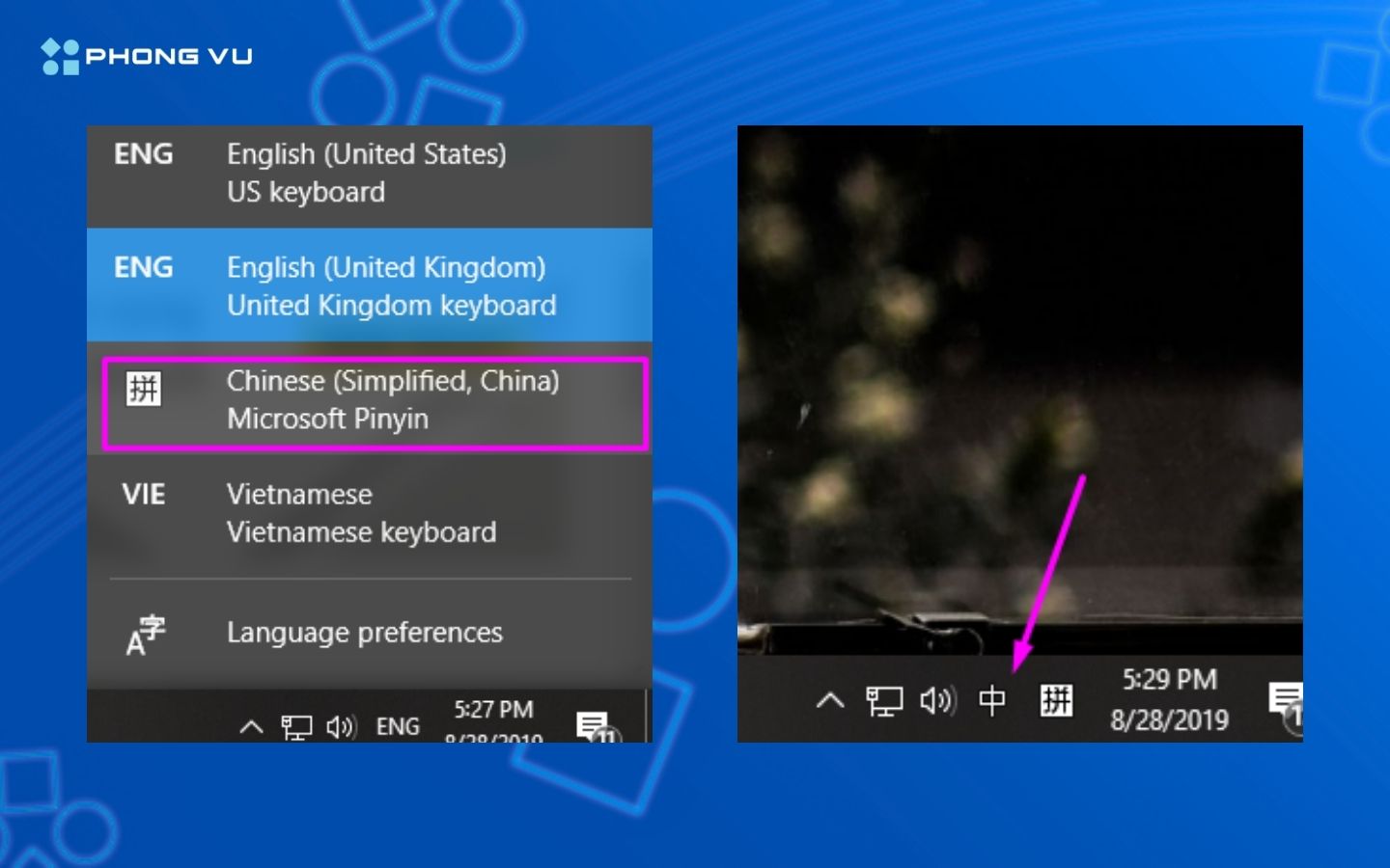 Để gõ ngon ngữ tiếng Trung chúng ta chỉ cần chuyển đổi ngôn ngữ ở thanh Taskbar.