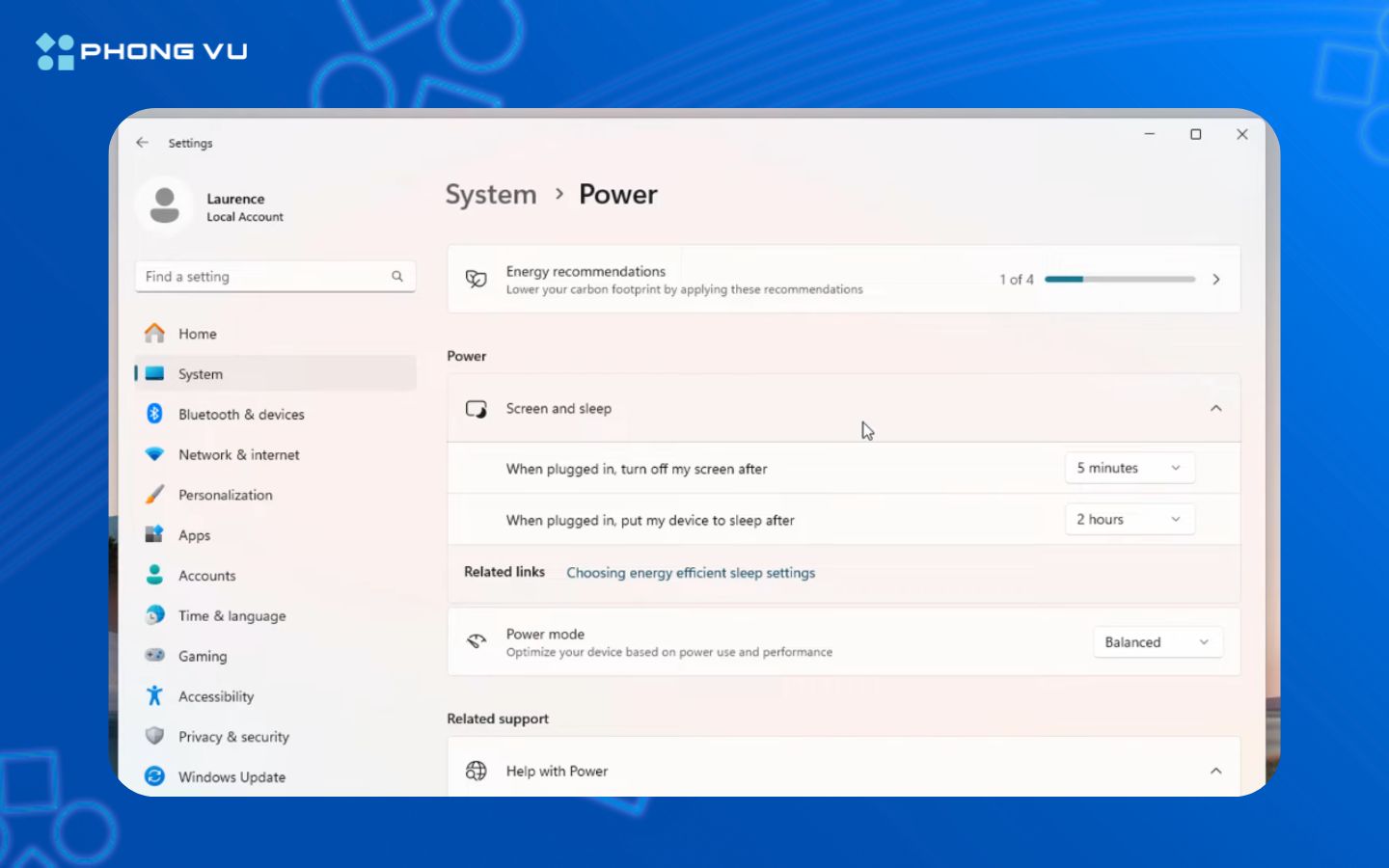 Nhấp vào Screen and sleep
