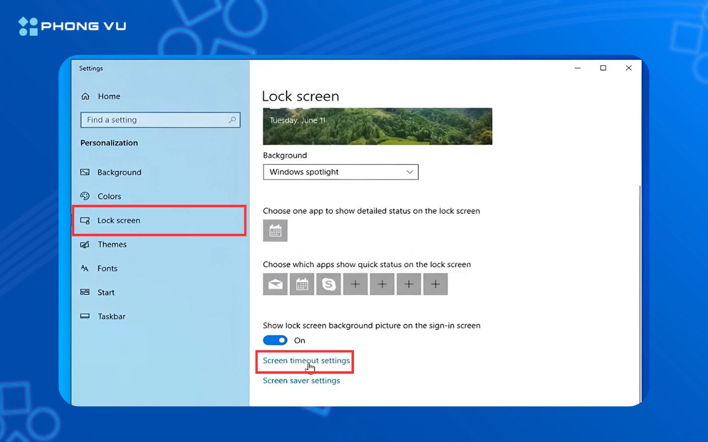 Chọn Lock Screen, cuộn xuống và nhấp vào Screen timeout settings