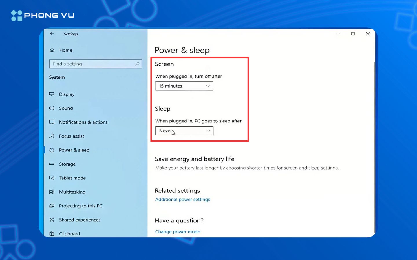 Trong mục Screen, điều chỉnh thời gian