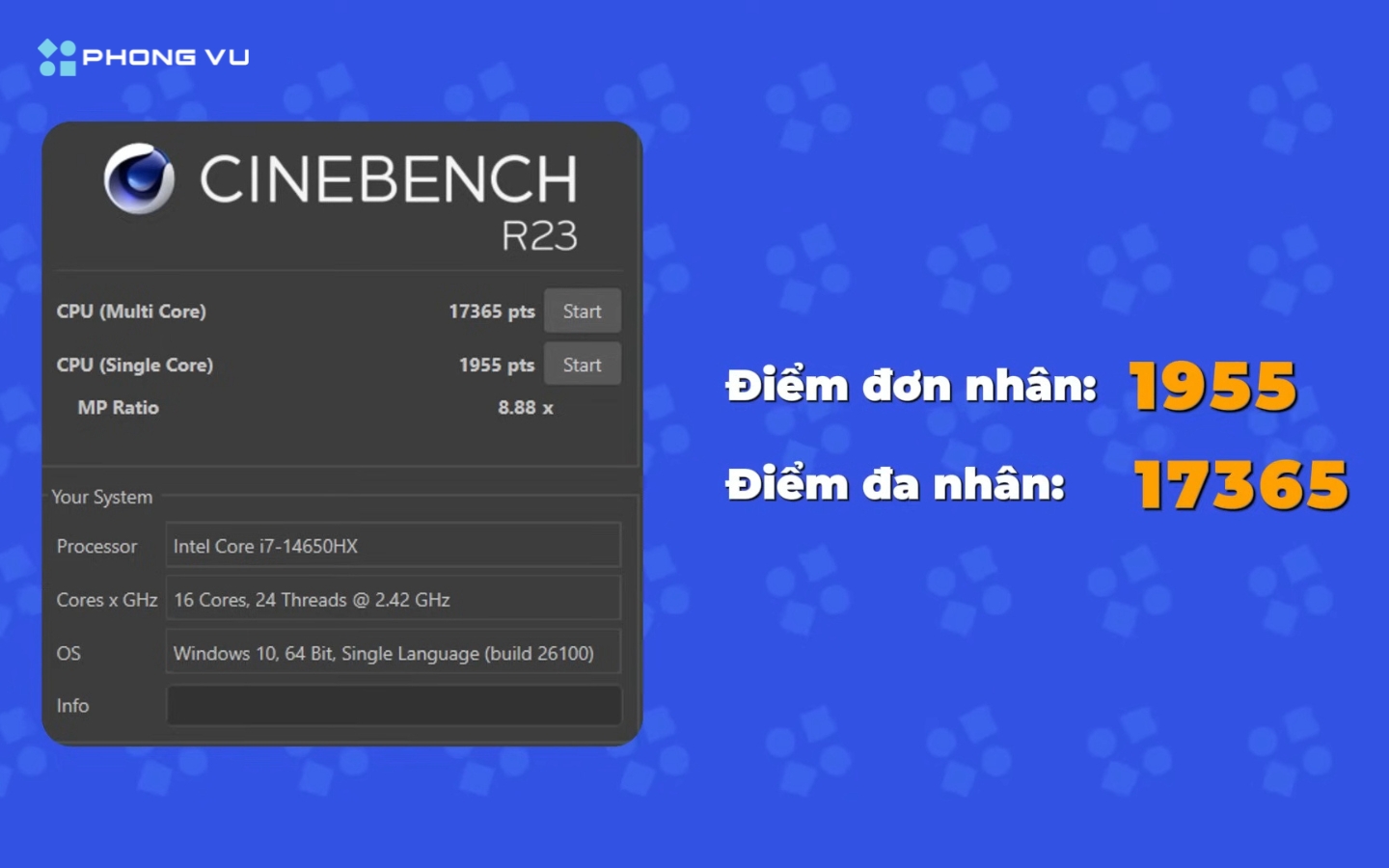 Máy sử dụng CPU Intel Core i7 14650HX với 16 nhân 24 luồng 