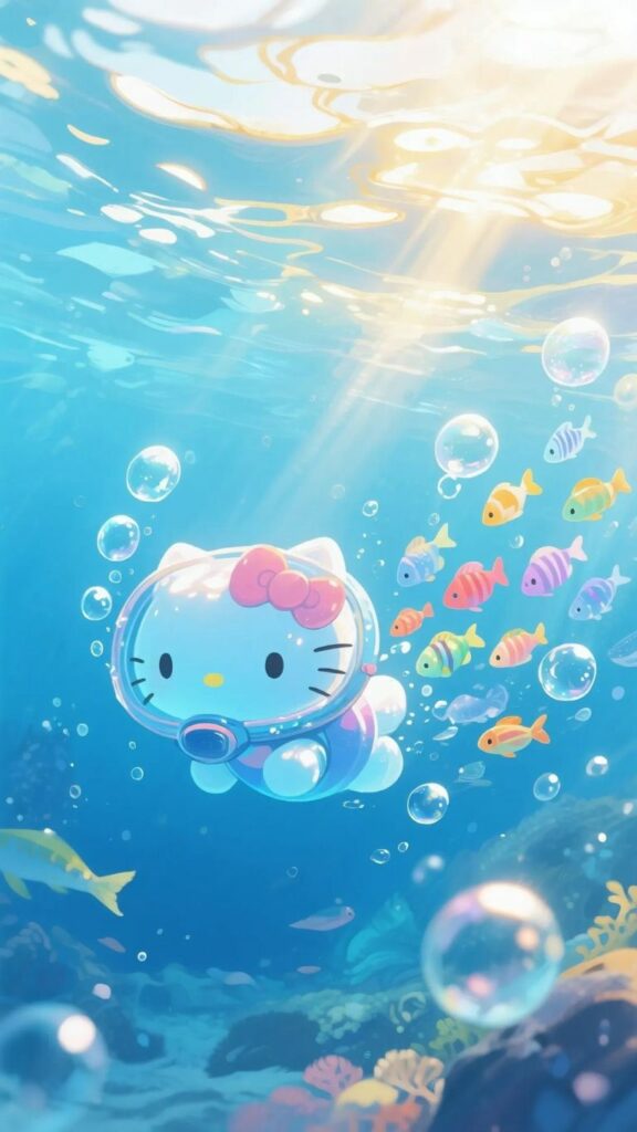 Hello Kitty bơi cùng đàn cá
