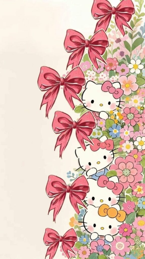 Hình nền Hello Kitty giữa vườn hoa