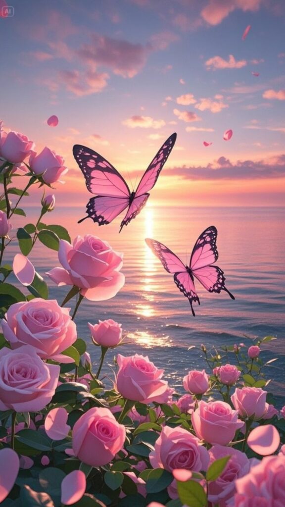 Bướm hồng bay trên biển hoa