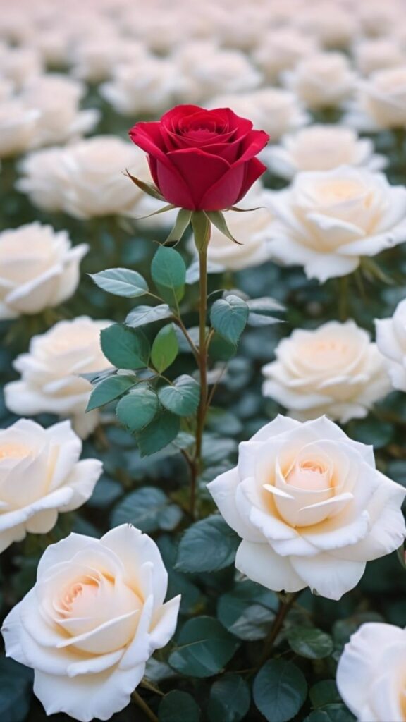 Hồng đỏ nổi bật giữa hoa trắng