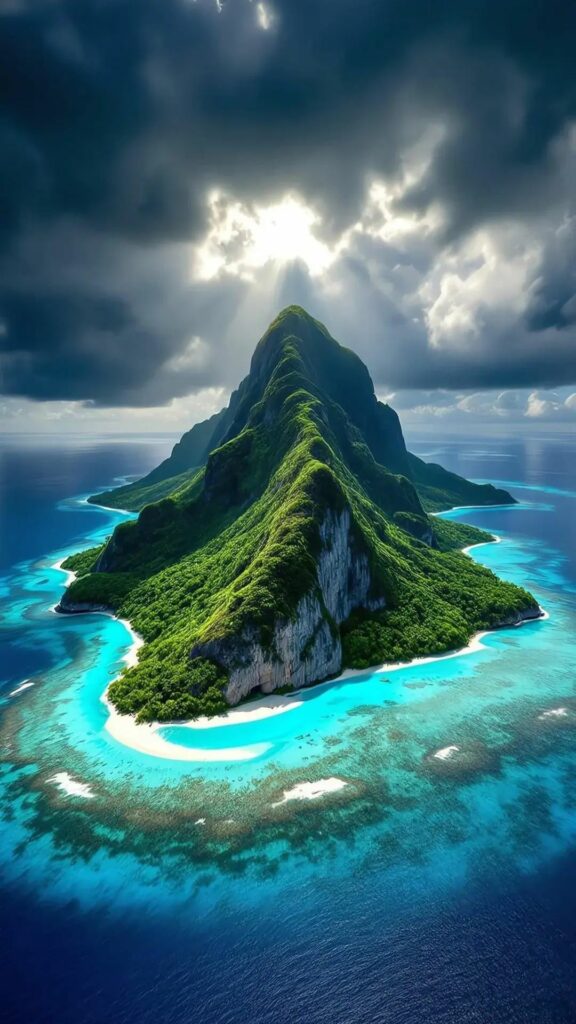 Đảo núi lửa xanh, bao quanh bởi rạn san hô