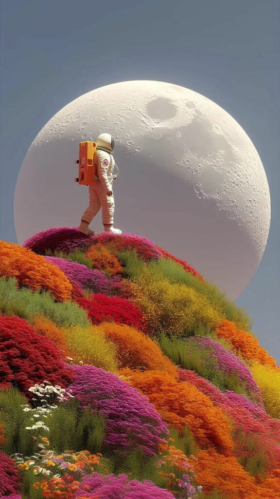 Phi hành gia trên đồi hoa, màu sắc rực rỡ