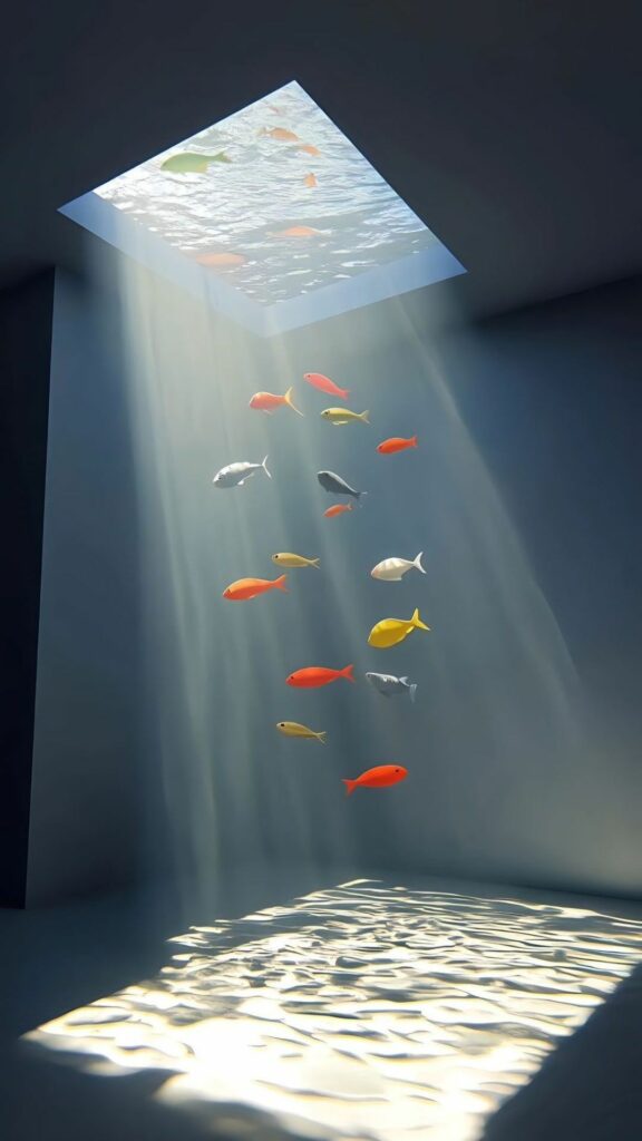 Hình nền iOS 26 3D cá bơi lội