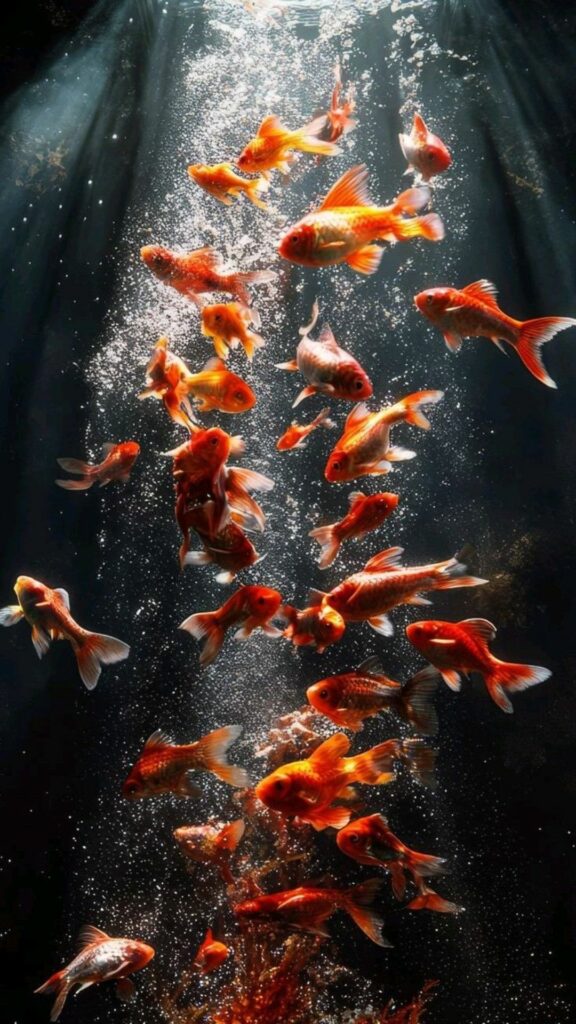 Đàn cá đỏ bơi ngược dòng thác nước