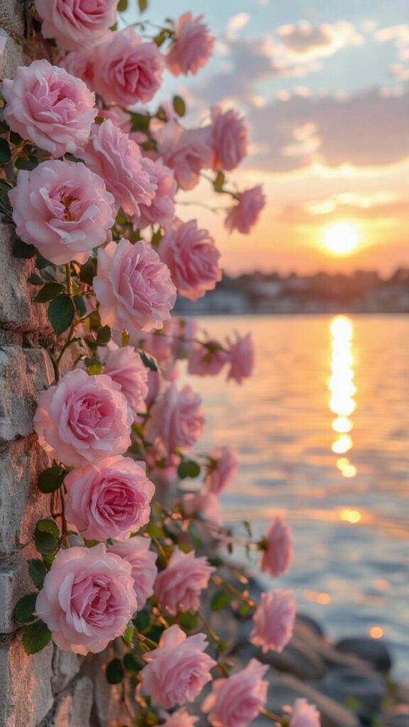 Hoàng hôn lãng mạn, bờ biển ngập tràn hoa hồng