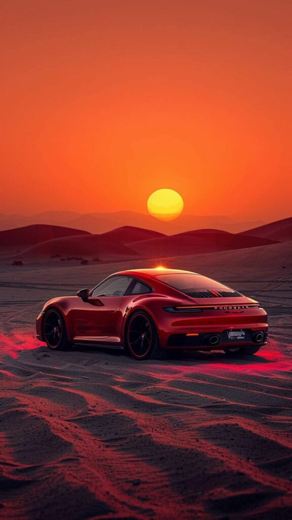 Siêu xe cổ điển, chạy dưới ánh hoàng hôn rực cháy