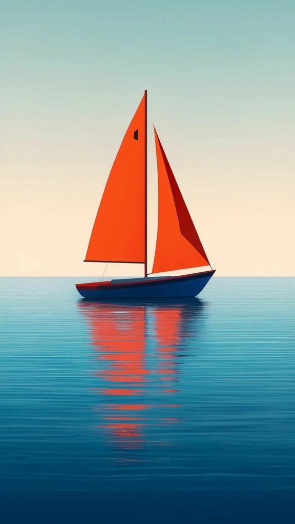 Thuyền buồm đỏ, trôi nhẹ trên mặt nước tĩnh lặng