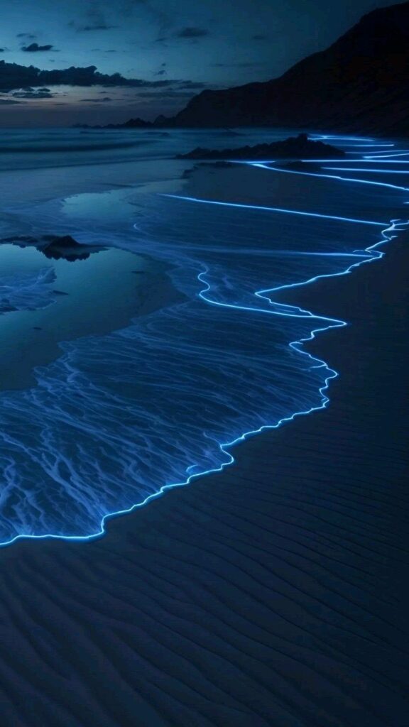 Sóng biển đêm, ánh sáng xanh huyền ảo 4K