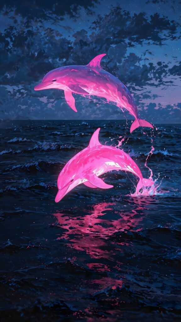 Cá heo hồng nhảy múa trên mặt nước