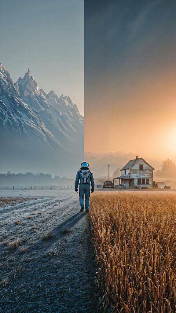 Chia đôi khoảnh khắc: Núi tuyết và đồng lúa vàng
