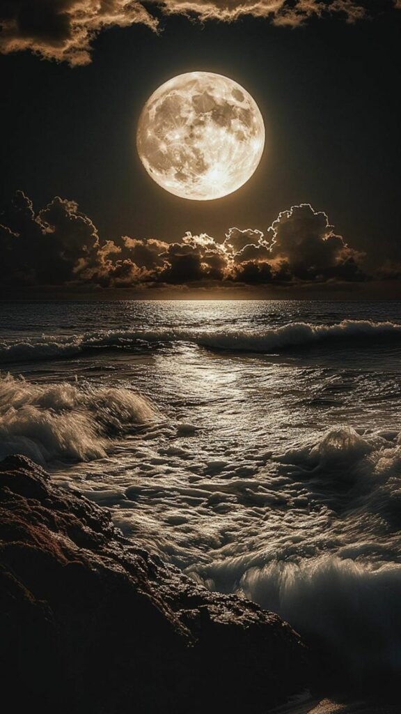Trăng tròn rực rỡ, ánh trăng chiếu trên biển đêm