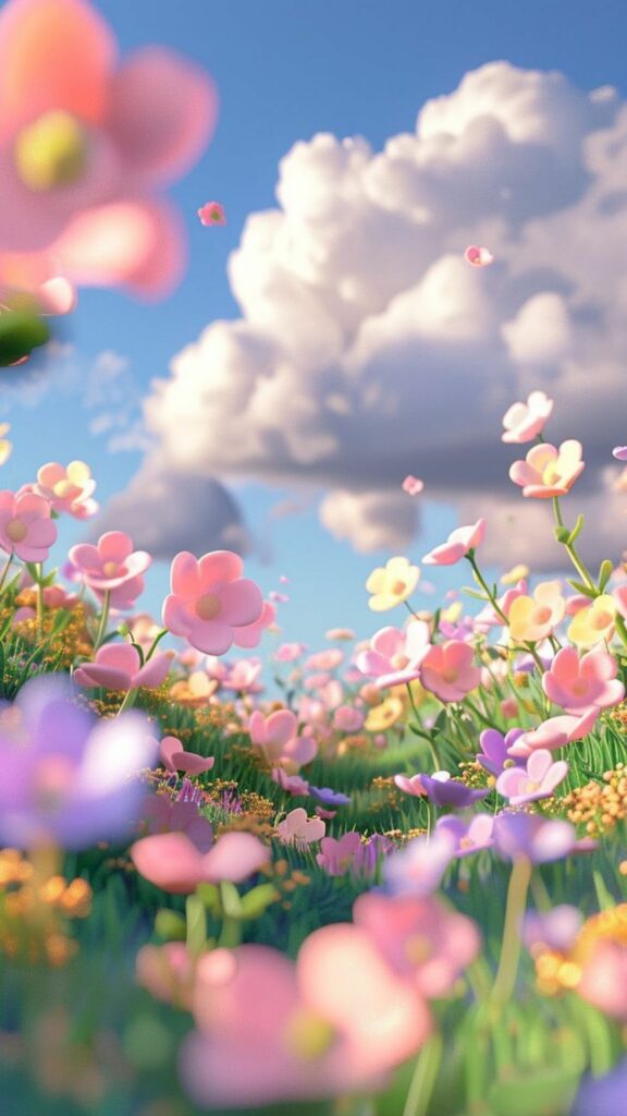 Mây trời và hoa dại, khung cảnh 3D nhẹ nhàng