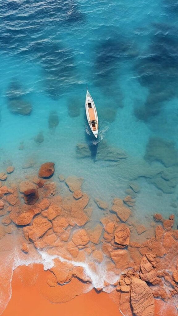 Chèo thuyền trên biển, nước trong xanh thấy đáy