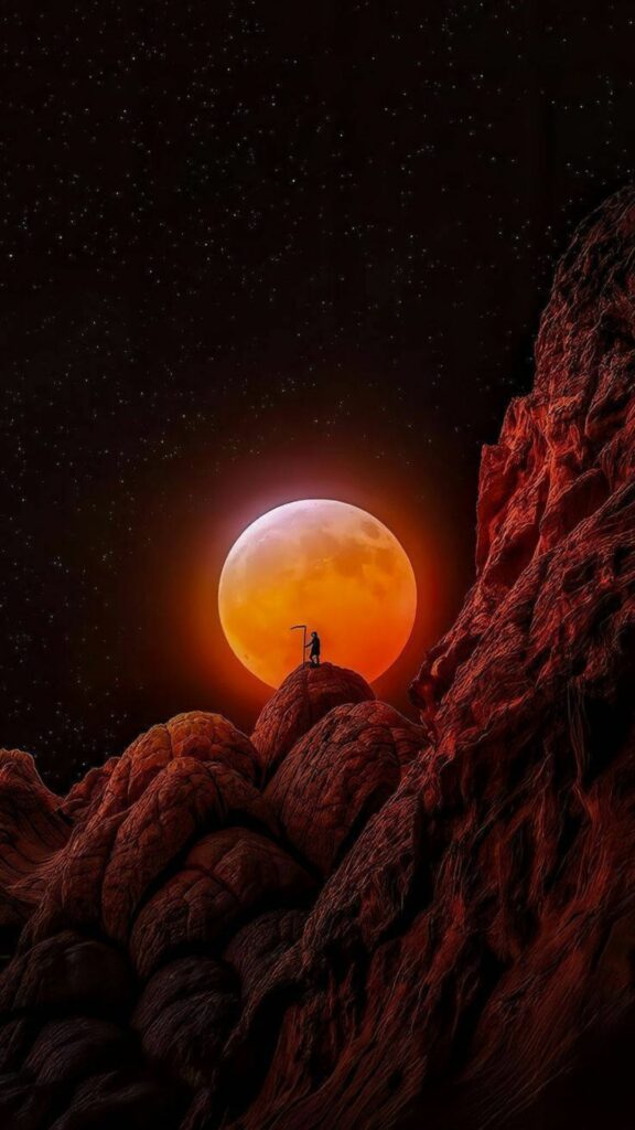 Mặt trăng khổng lồ đỏ rực, soi sáng đêm tối trên núi