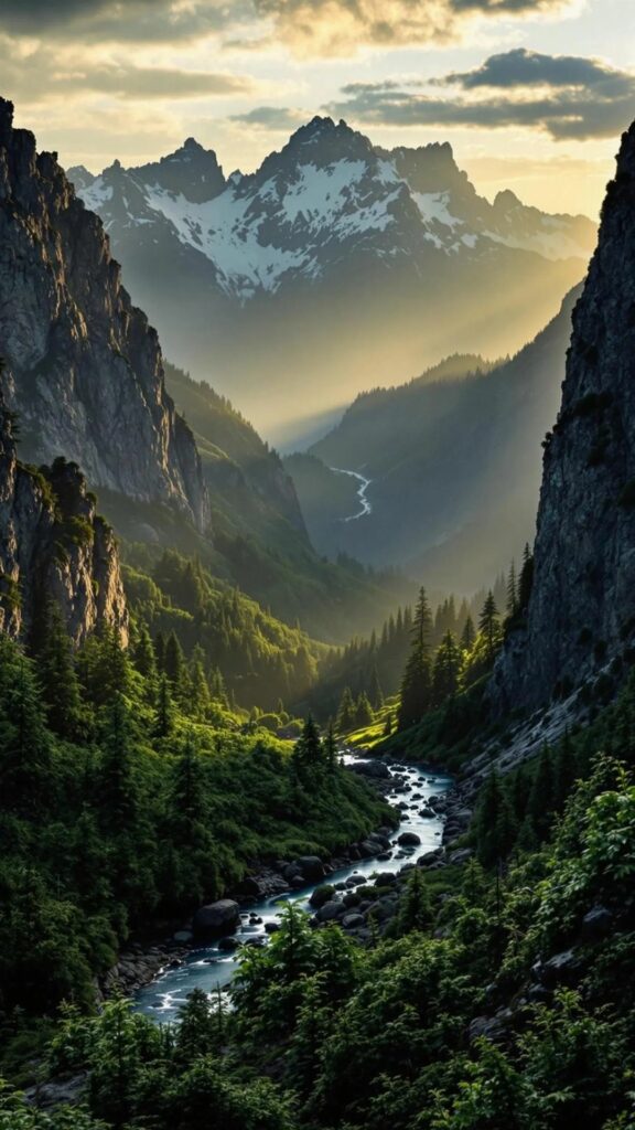 Thung lũng sâu thẳm, dòng suối nhỏ xuyên qua núi