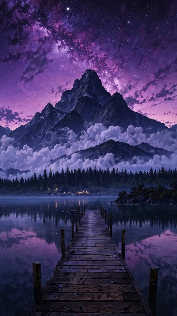 Vũ trụ tím huyền ảo bao trùm dãy núi và mặt hồ