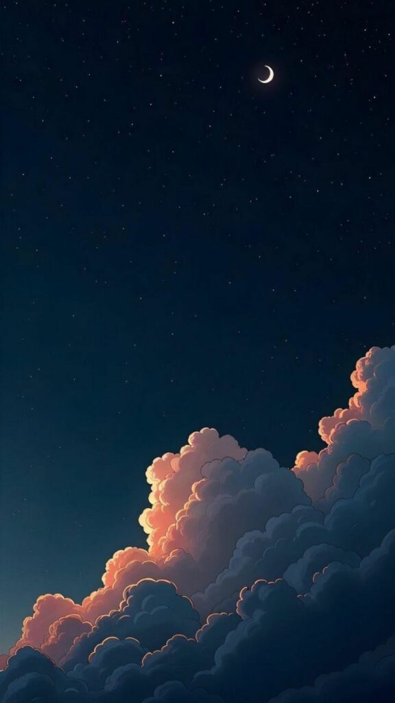 Bầu trời đêm sâu thẳm, mây trắng bồng bềnh như mơ